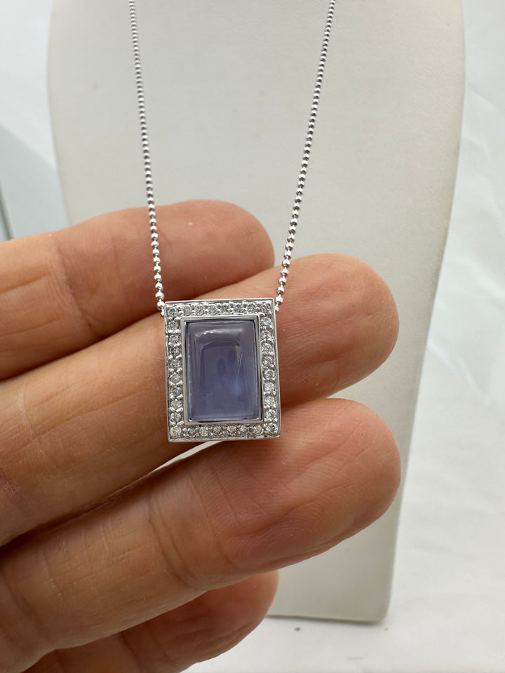 18 karat Chalcedony Gemstone and Diamond Halo Pendant With Chain