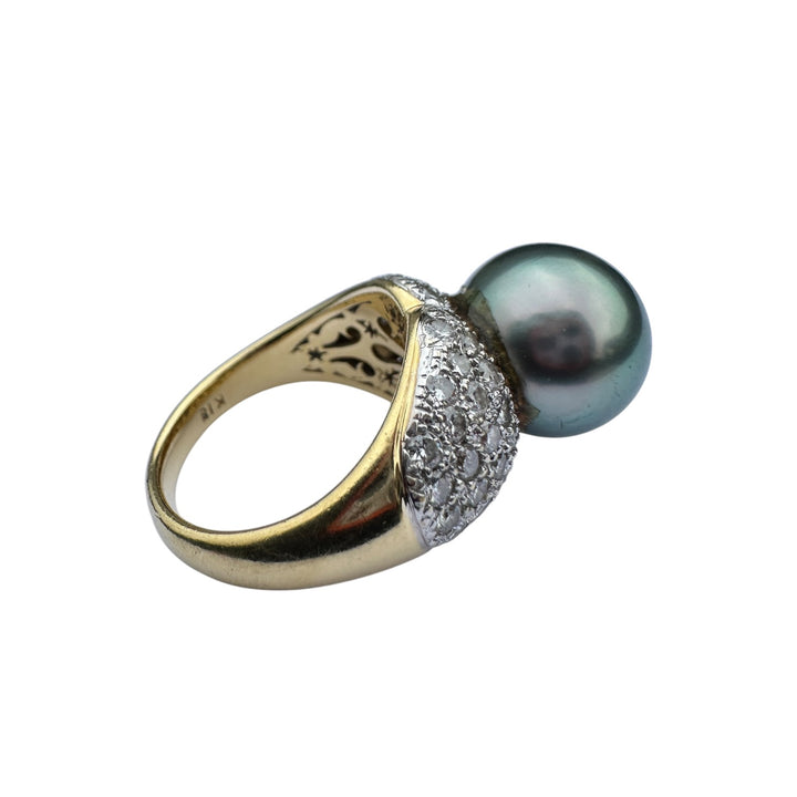 Mid-century, 18 karat Tahitian 12 mm pearl with 1.50 carat diamonds