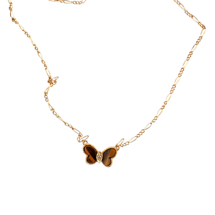 Mid-Century Inspired Yellow Gold, Tiger's Eye Butterfly Pendant Necklace