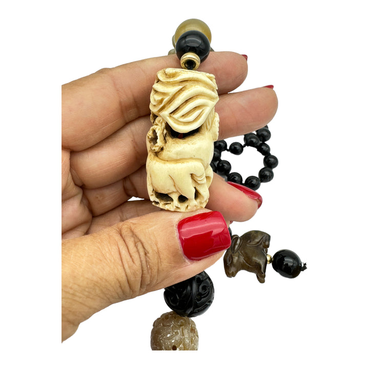 34" Jade Carved Peacock & Animals Bead Necklace