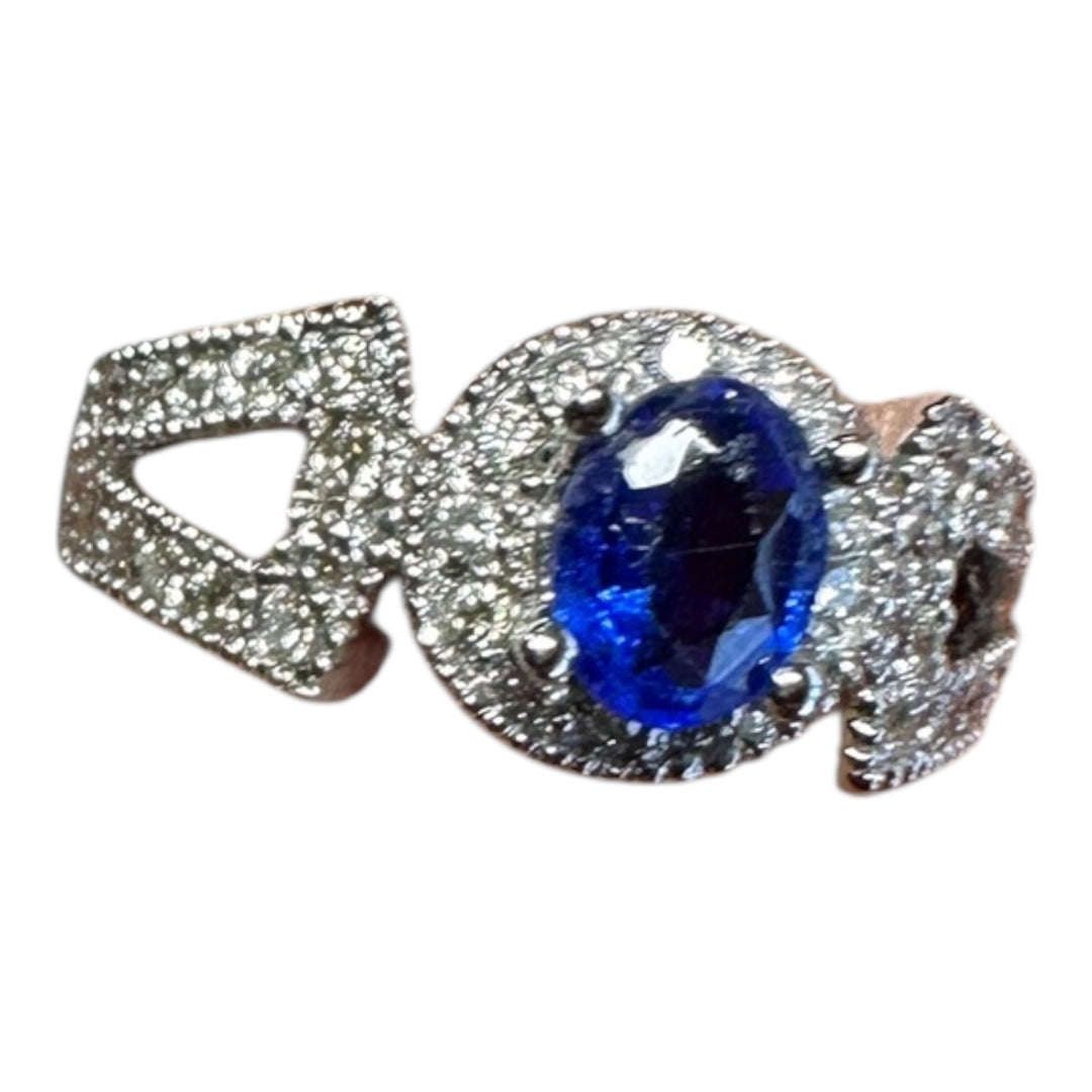 14kt White gold Halo Sapphire and Diamond Split Shank Ring