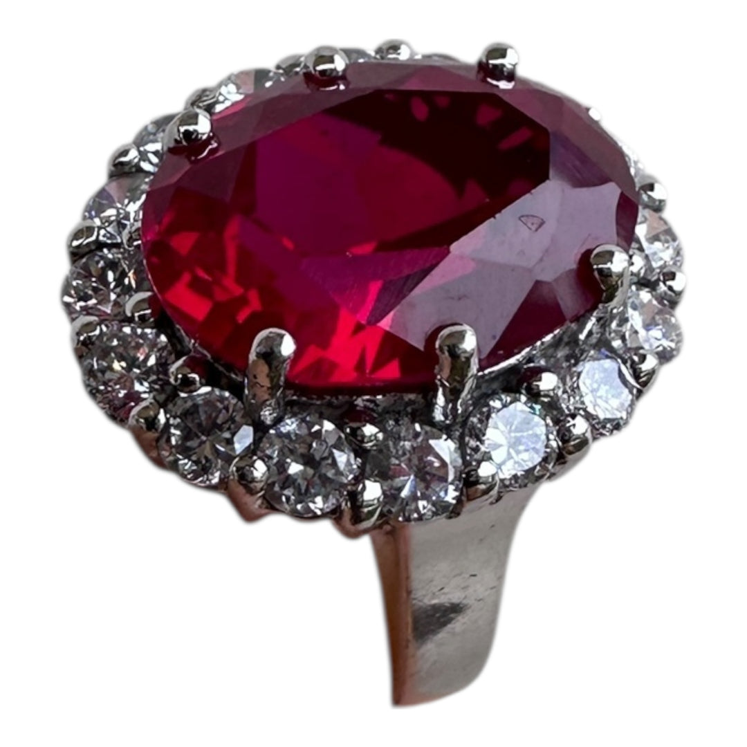 Platinum Travel Ring with 5 Carat Red Stone and 2.00 Carat Halo