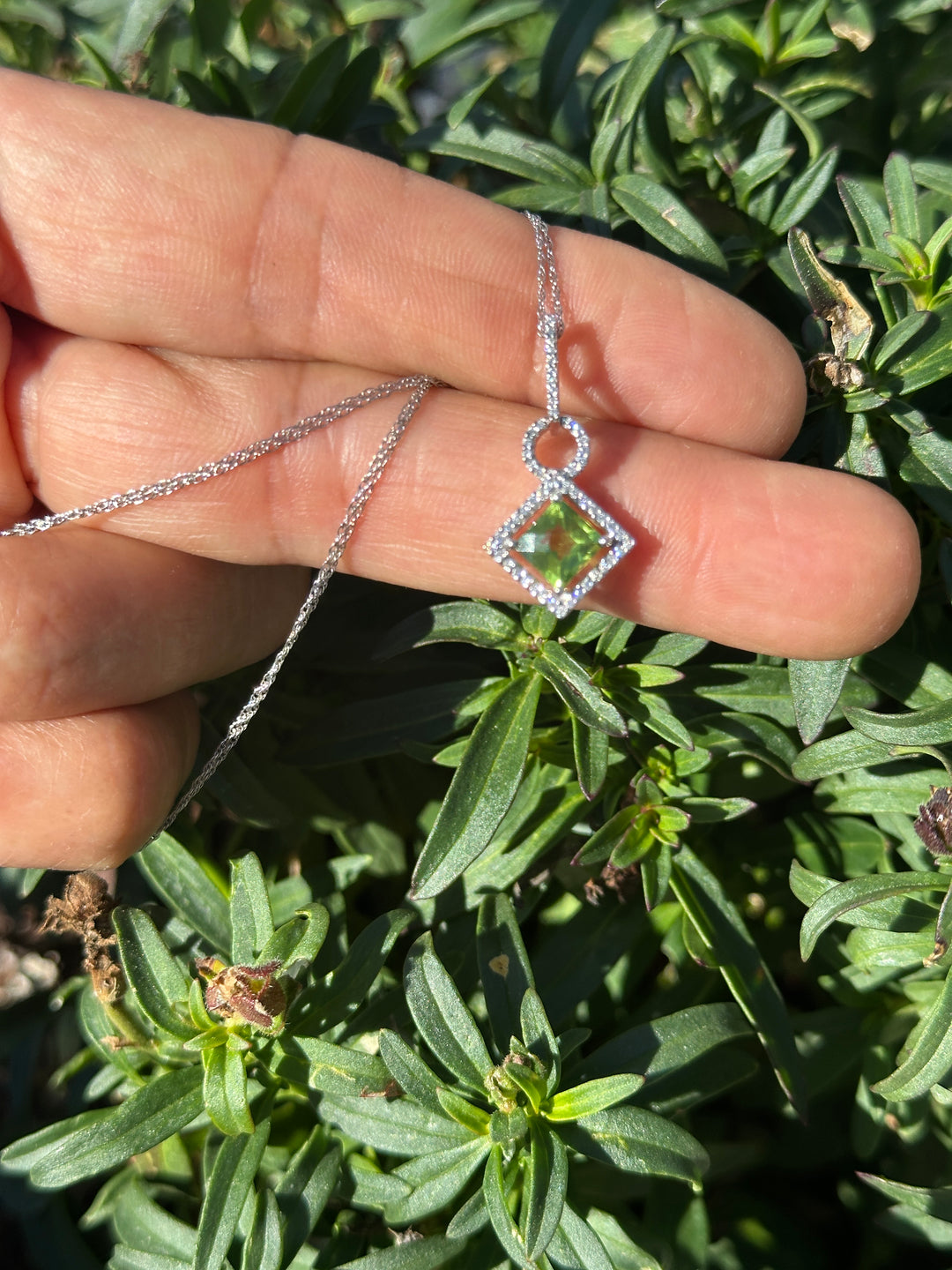 14 Karat White Gold, Peridot, Halo 1.00tcw Diamond Pendant