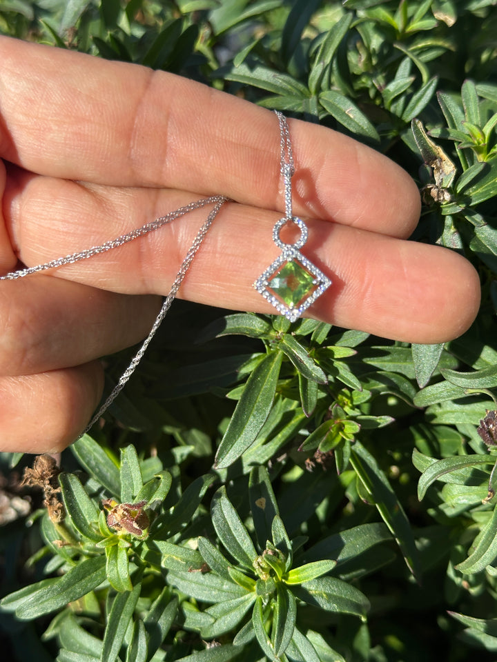 14 Karat White Gold, Peridot, Halo 1.00tcw Diamond Pendant