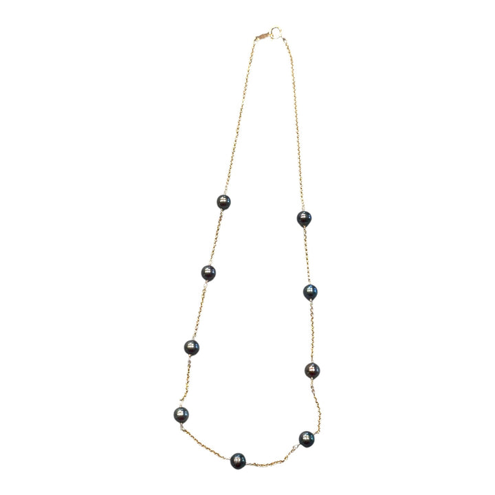 14K Yellow Gold 5.75mm Natural Black Akoya Pearl Chain Necklace AAA Iridescent