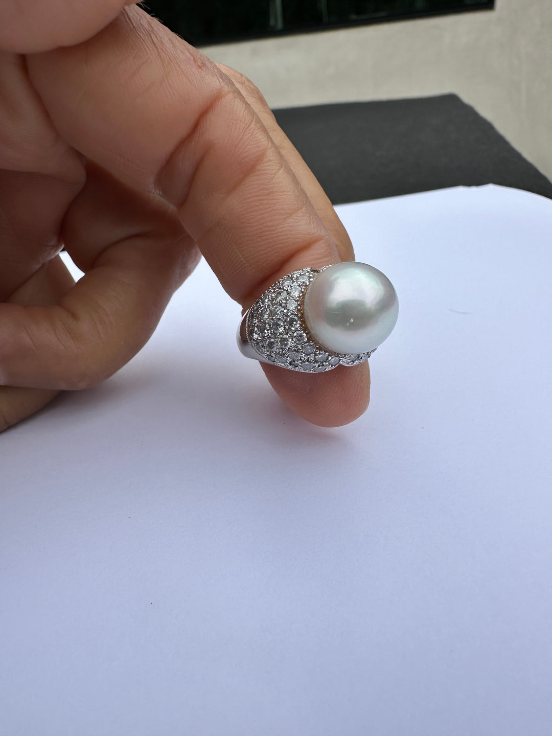 12 mm White South Sea Pearl & 1.80 CTW Pavé Diamond Cocktail Ring