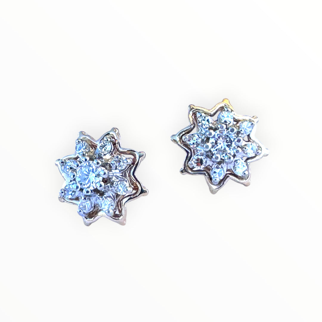 Vintage 14 Karat Two-Tone Gold Diamond Starburst Cluster Stud Earrings, 0.50 CTW