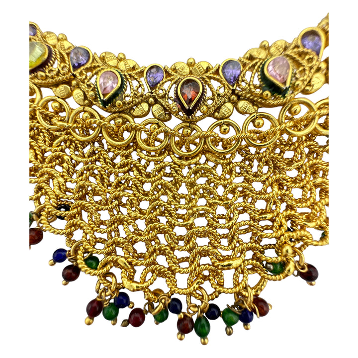 Egyptian Mesh, Jeweled Gem Colored Necklace 24kt Electroplated