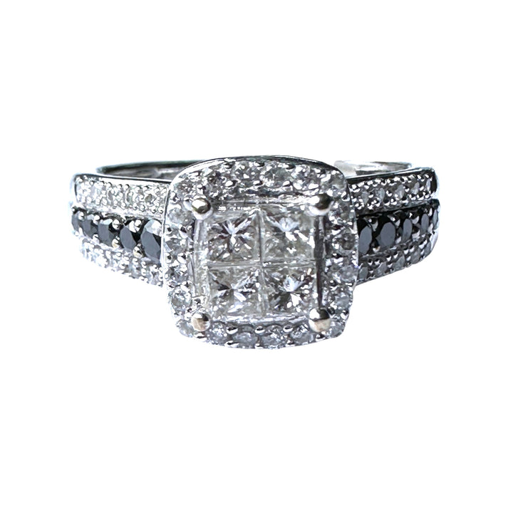 14K White Gold Princess-Cut Quad Diamond Halo Ring with Black Diamond Accents .75ctw