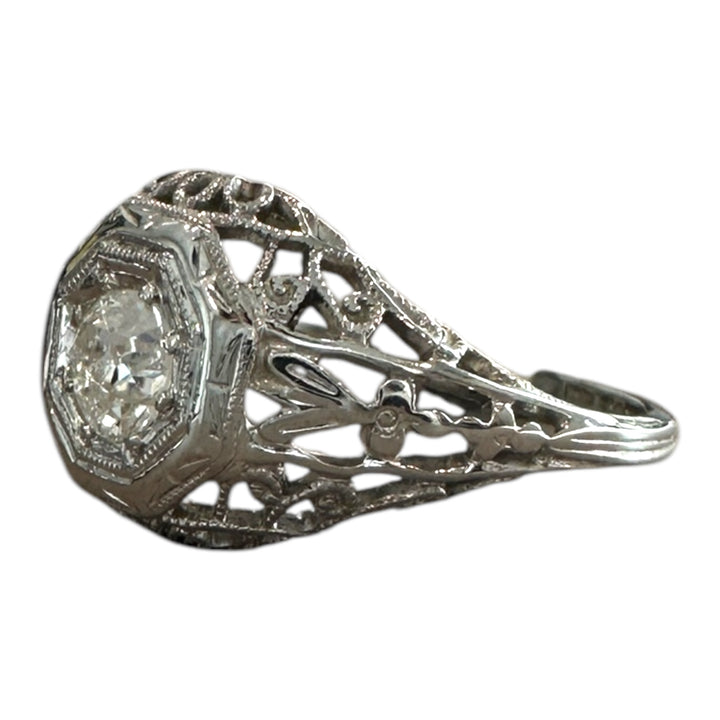 Art deco 18 karat white gold filigree .39 carat diamond ring