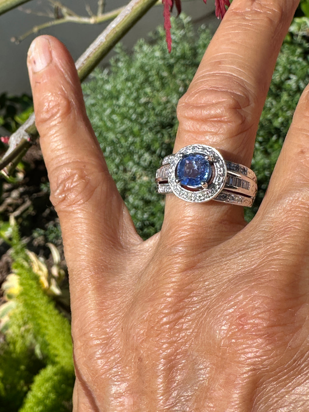 14 Karat White Gold 2.25TCW Blue Sapphire Halo Diamond and Baguette Ring