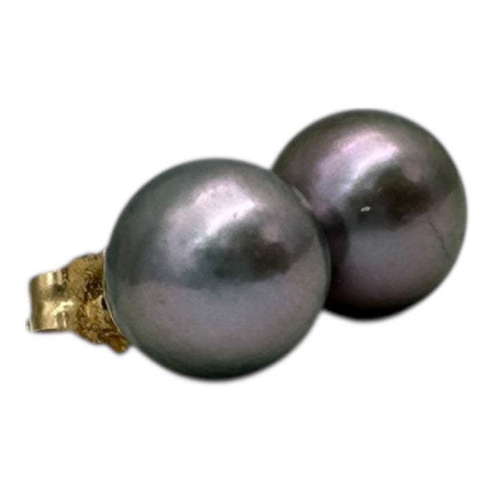14 karat, gold 7 mm Akoya, gray cultured pearls earrings studs AAA quality￼