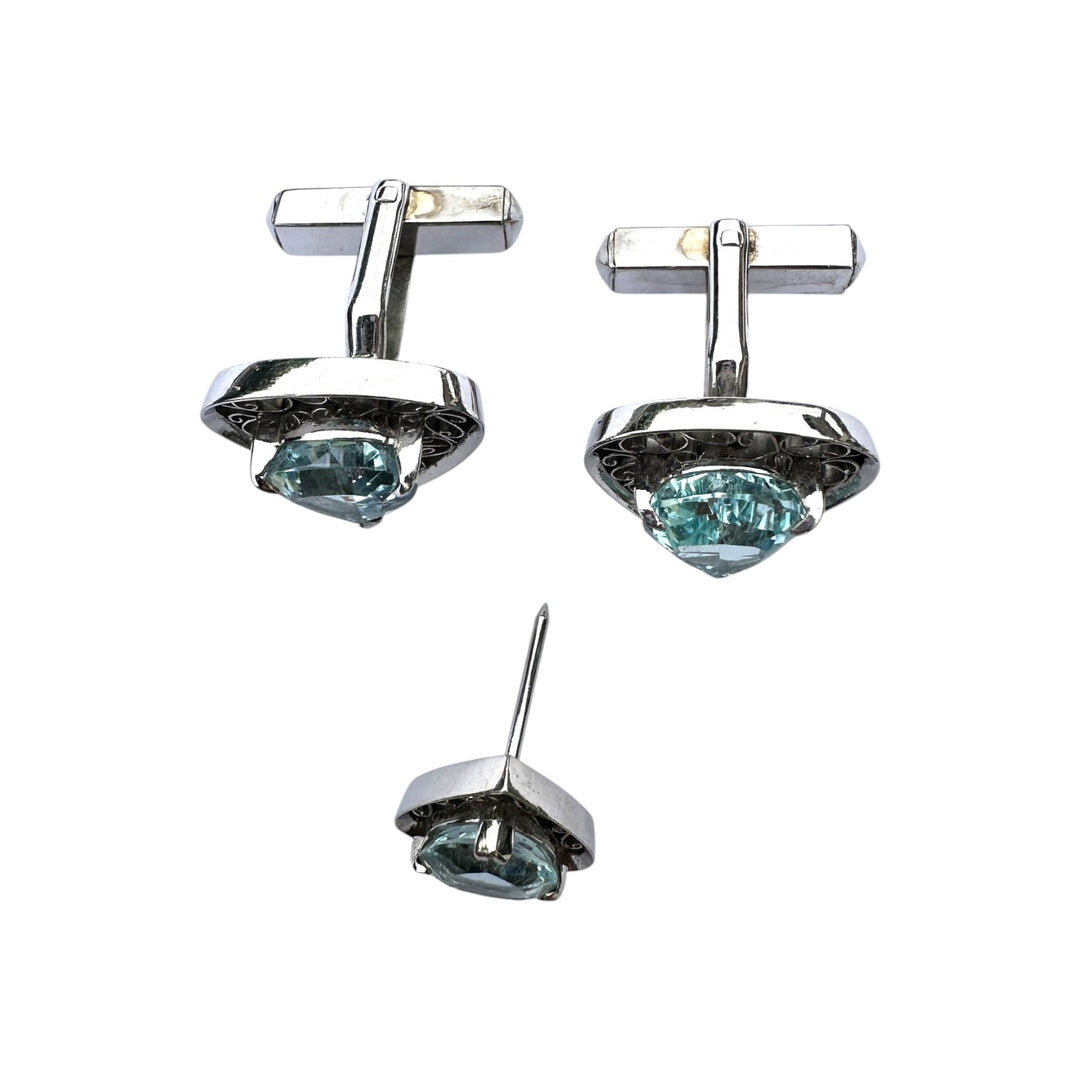 Edwardian 7 Carats Aquamarine Cufflinks and Tie Tack Set, White Gold