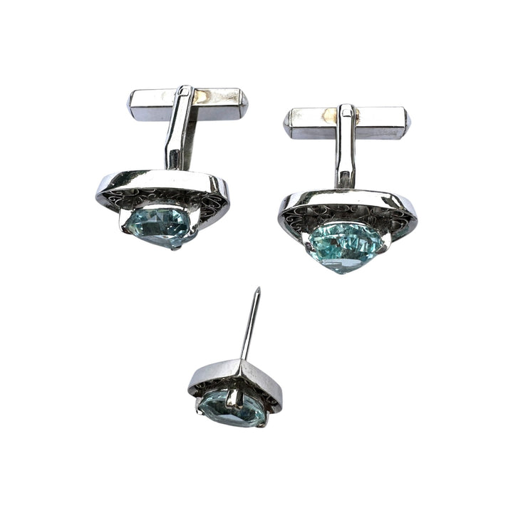 Edwardian 7 Carats Aquamarine Cufflinks and Tie Tack Set, White Gold