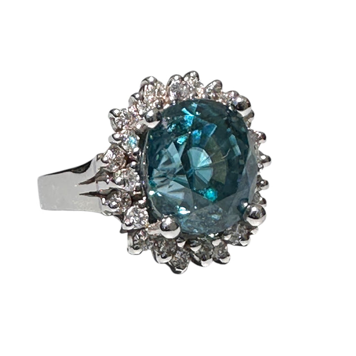 Magnificent 8 Carat Oval Natural Blue Zircon 14K White Gold Starburst Halo Ring