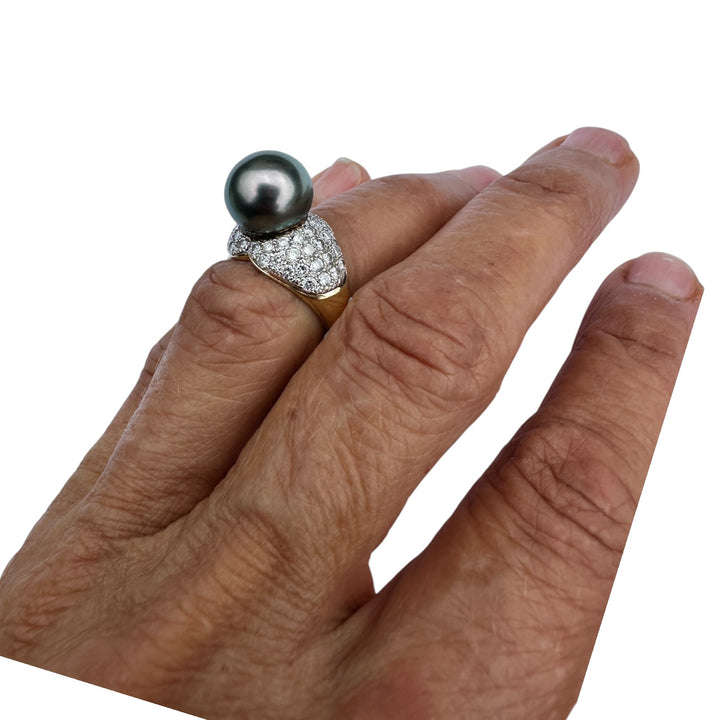 Mid-century, 18 karat Tahitian 12 mm pearl with 1.50 carat diamonds