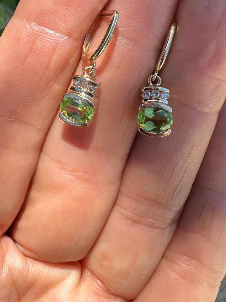 14K Yellow Gold 1.50ct Peridot and 1/4ct Diamond Leverback Dangle Earrings