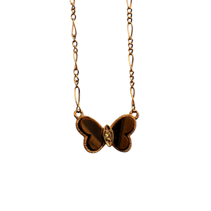 Mid-Century Inspired Yellow Gold, Tiger's Eye Butterfly Pendant Necklace