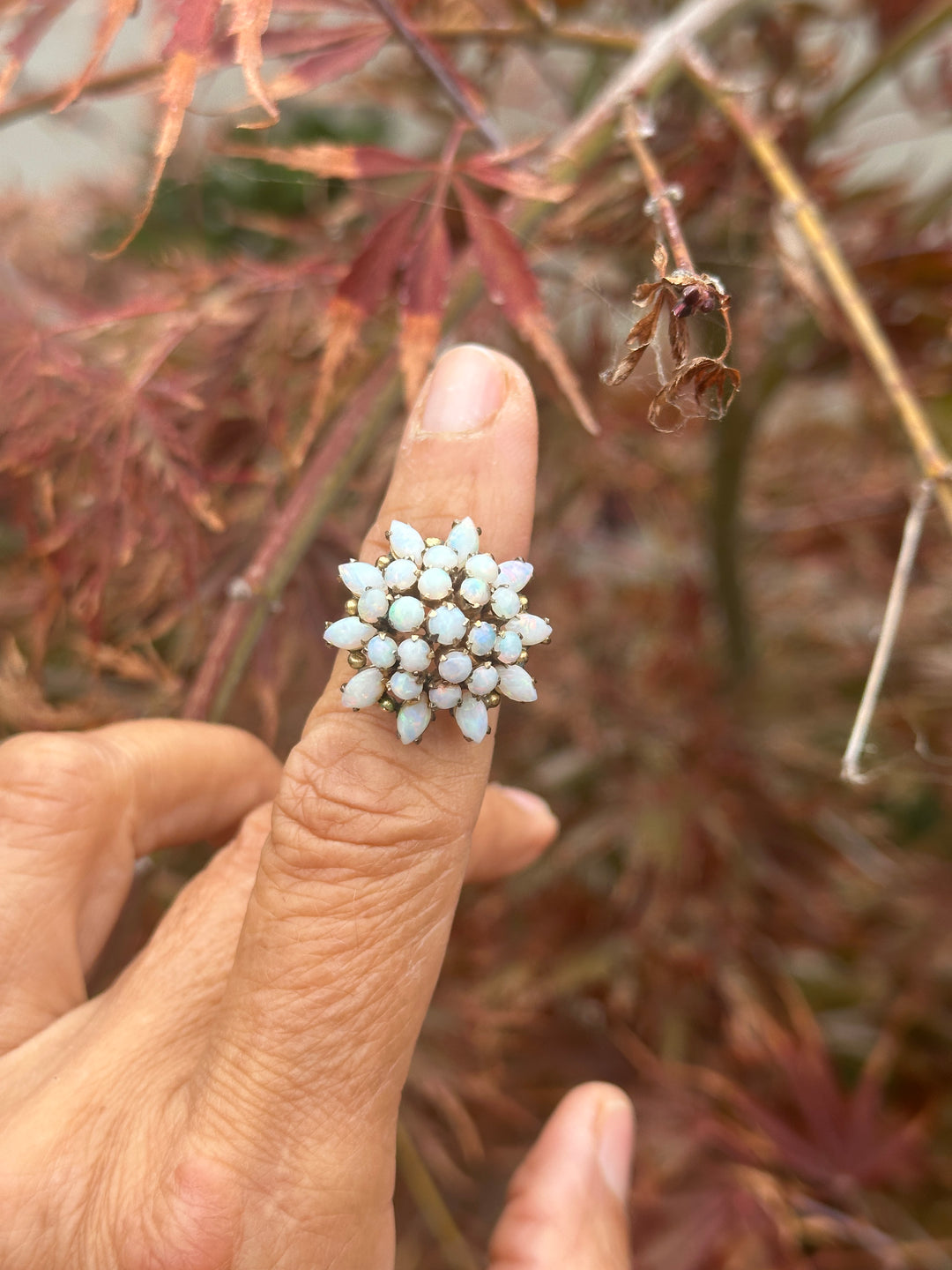 18 karat rose gold fire, opal cluster ring 24 mm