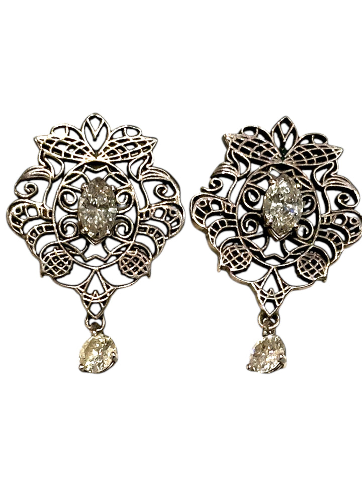 Vintage Diamond Filigree Dangle, 1 Carat Stud Earrings