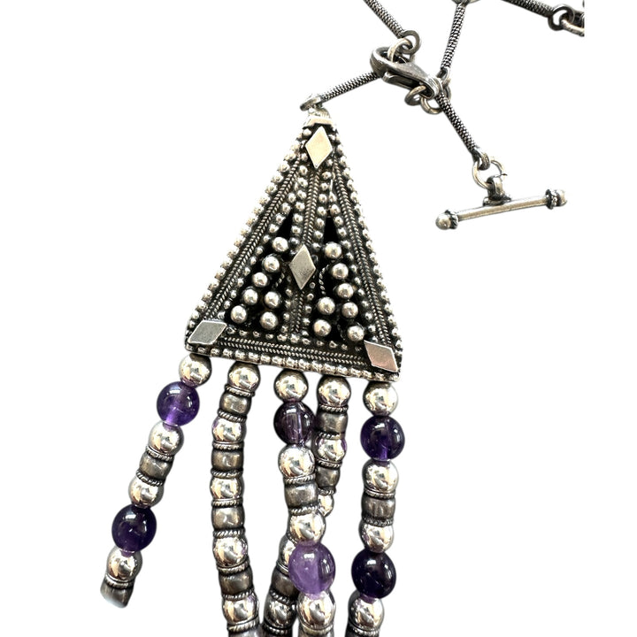 Designer, sterling beaded 5-strand amethyst 26" necklace