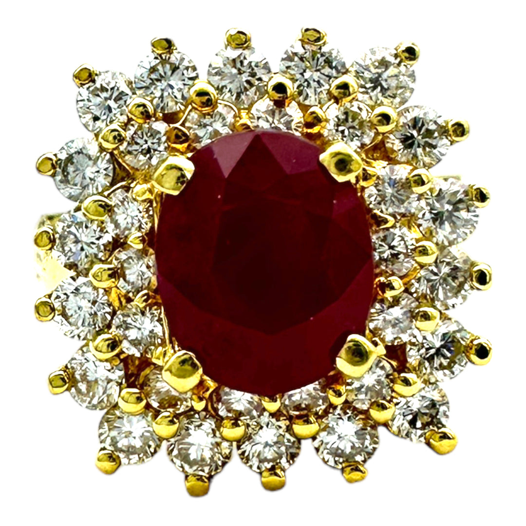 18Kt Yellow Gold 2.10 Ct Burma Ruby Diamond Halo Ring.