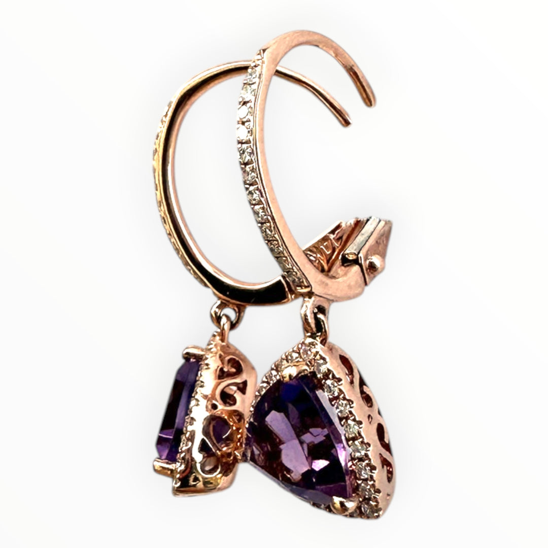 14k Rose Gold & Trillion-Cut Amethyst and Diamond Dangle Earrings 1.35ctw