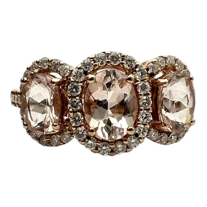 14 karat pink gold, 3-stone Morganite diamond halo ring