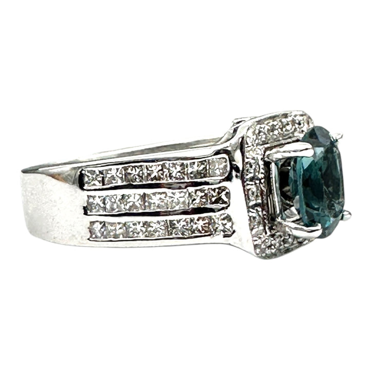 London, Blue Topaz Diamond Halo Princess 2.50ctw Wide Band Ring