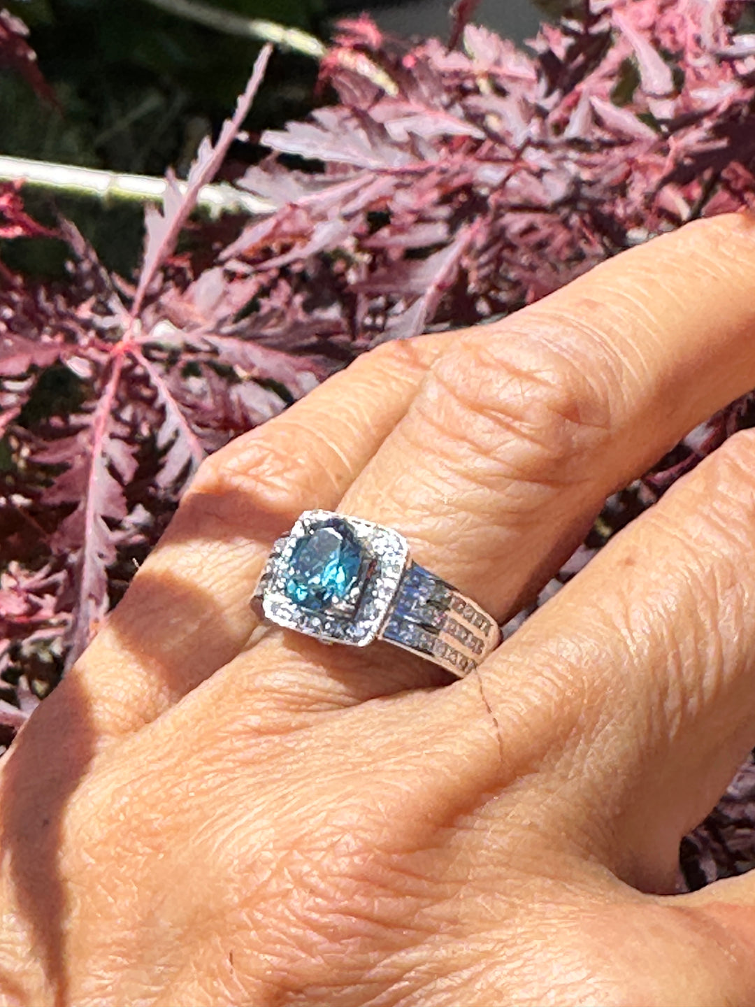 London, Blue Topaz Diamond Halo Princess 2.50ctw Wide Band Ring