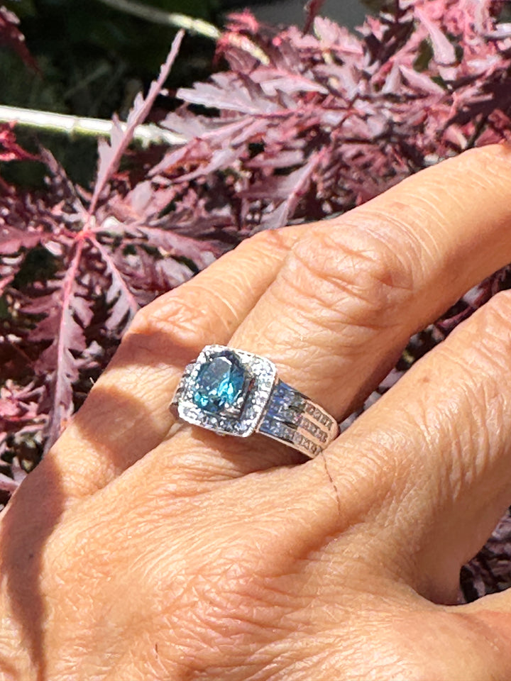 London, Blue Topaz Diamond Halo Princess 2.50ctw Wide Band Ring