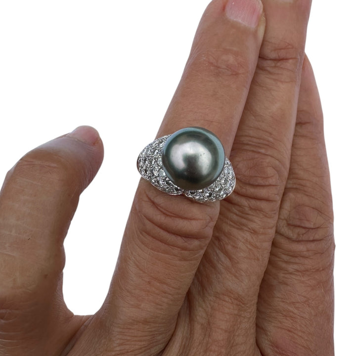 Mid-century, 18 karat Tahitian 12 mm pearl with 1.50 carat diamonds