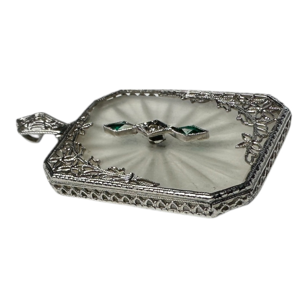 1920s 14 karat White Gold Art Deco, Diamond and Emerald, Pendant