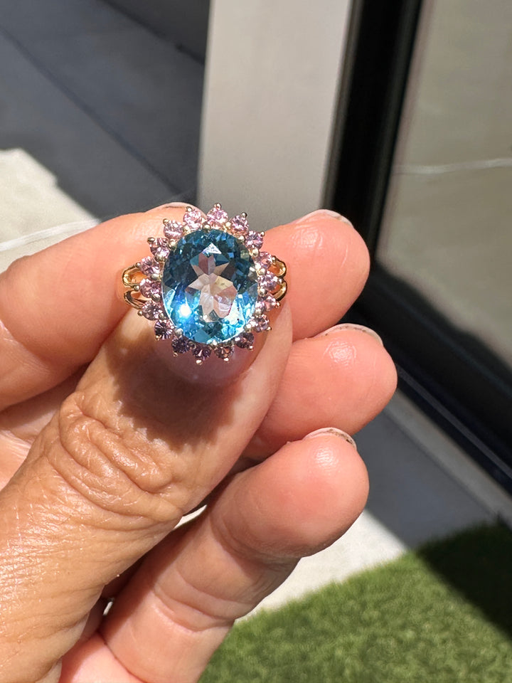 Vintage 14K Gold 6.00 Carat Oval Blue Topaz and Pink Sapphire Halo Cocktail Ring