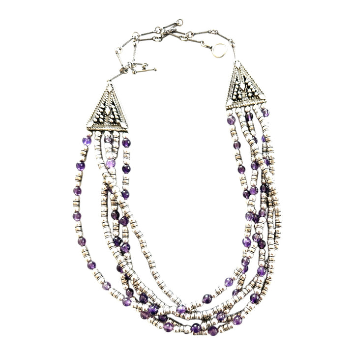 Designer, sterling beaded 5-strand amethyst 26" necklace
