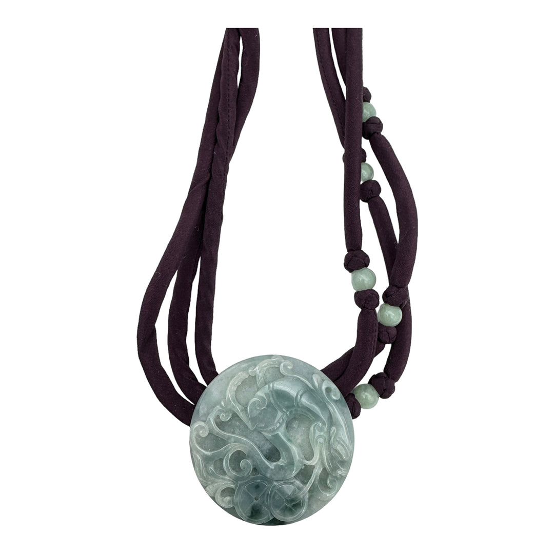 Carved Green Jade Disk on Beaded Purple Cord 24" Necklace