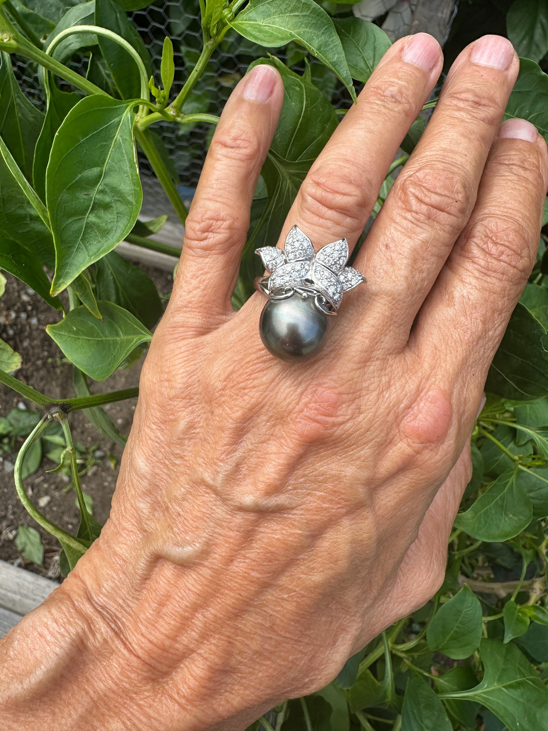 AAA Diamond and Tahitian 14mm Pearl Ring 1.50 ct