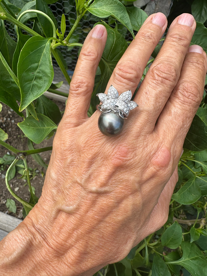 AAA Diamond and Tahitian 14mm Pearl Ring 1.50 ct
