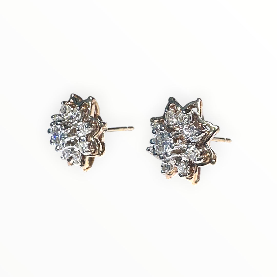 Vintage 14 Karat Two-Tone Gold Diamond Starburst Cluster Stud Earrings, 0.50 CTW