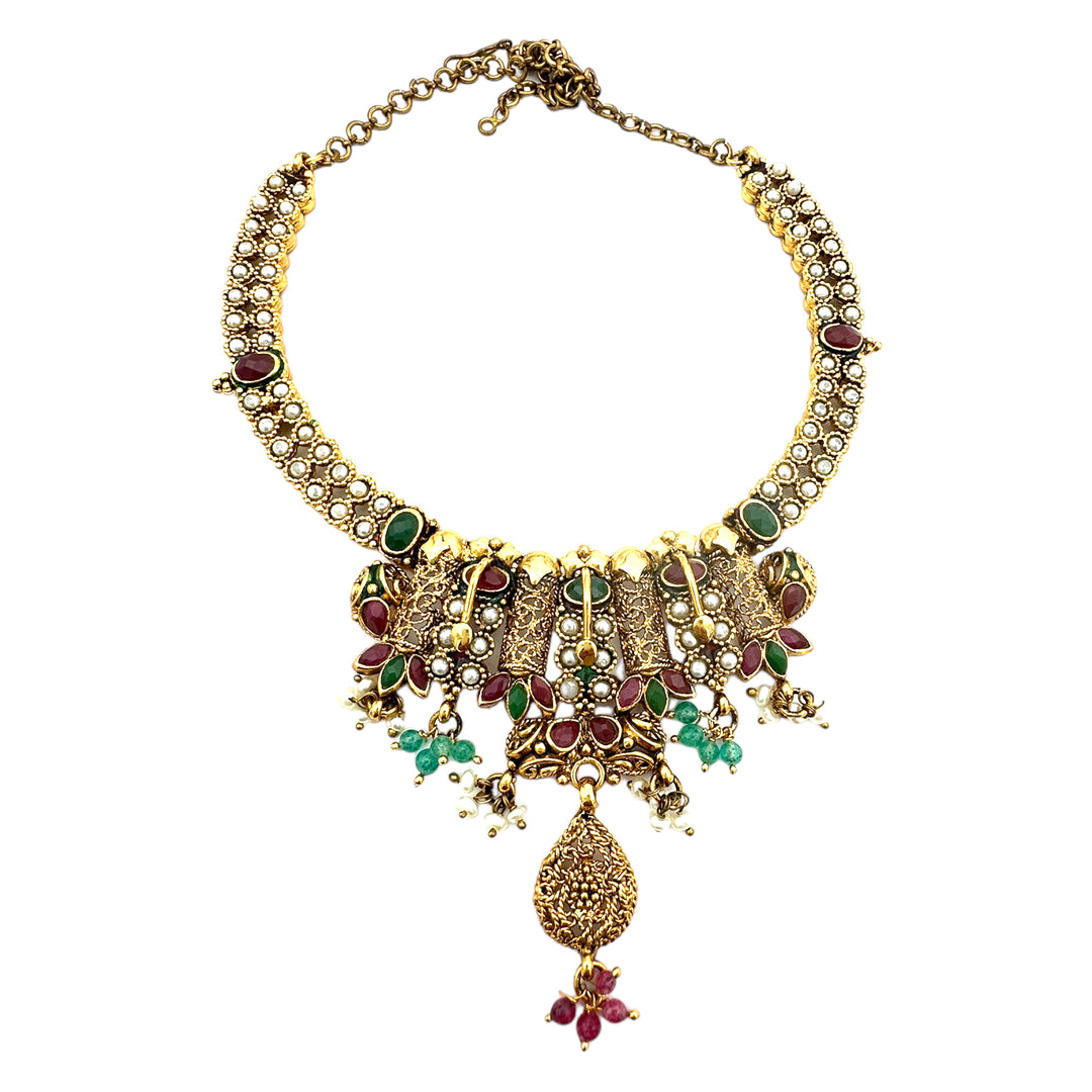 Egyptian Cleopatra, Jeweled Gem Necklace 24kt Yellow Gold Overlay