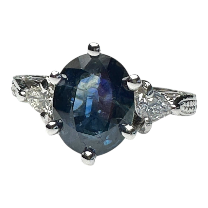 14 Karat 3-stone Oval 3.55 Carat Natural Sapphire and Diamond Ring