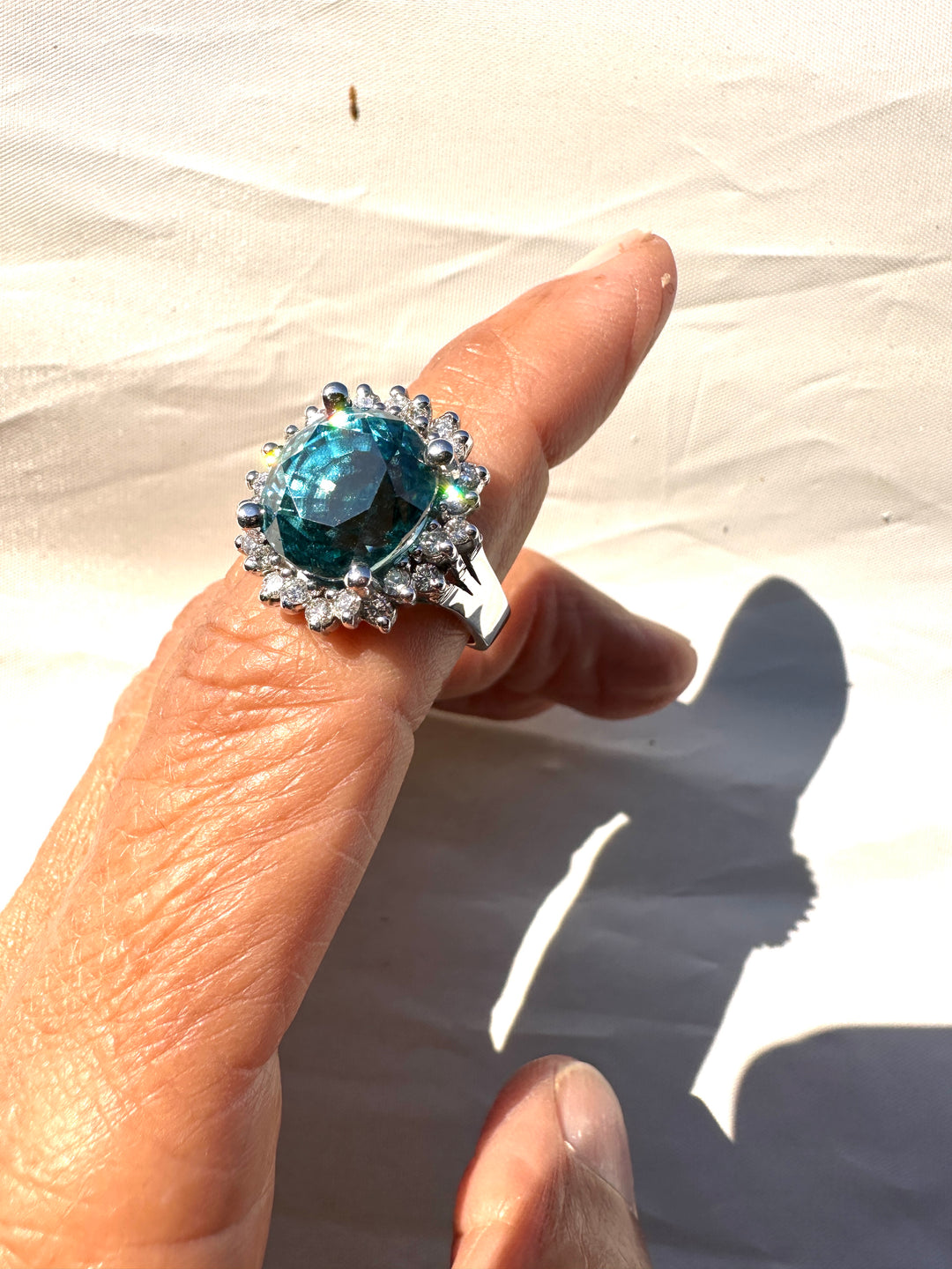 Magnificent 8 Carat Oval Natural Blue Zircon 14K White Gold Starburst Halo Ring