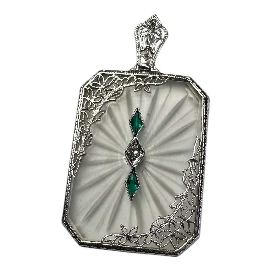 1920s 14 karat White Gold Art Deco, Diamond and Emerald, Pendant