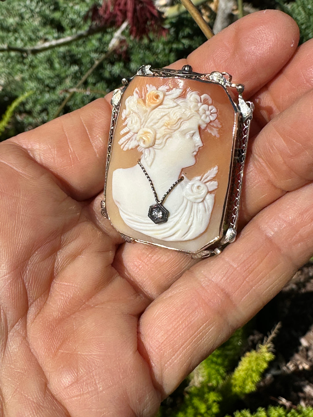 1800's Victorian Cameo with Diamond 14 Karat White Gold brooch pendant