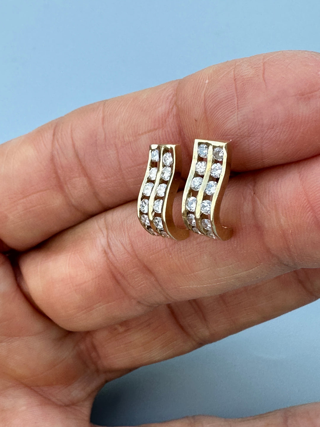 14K Yellow Gold Double-Row Channel-Set Diamond Wave J-Hoop Earrings 0.85 CTW