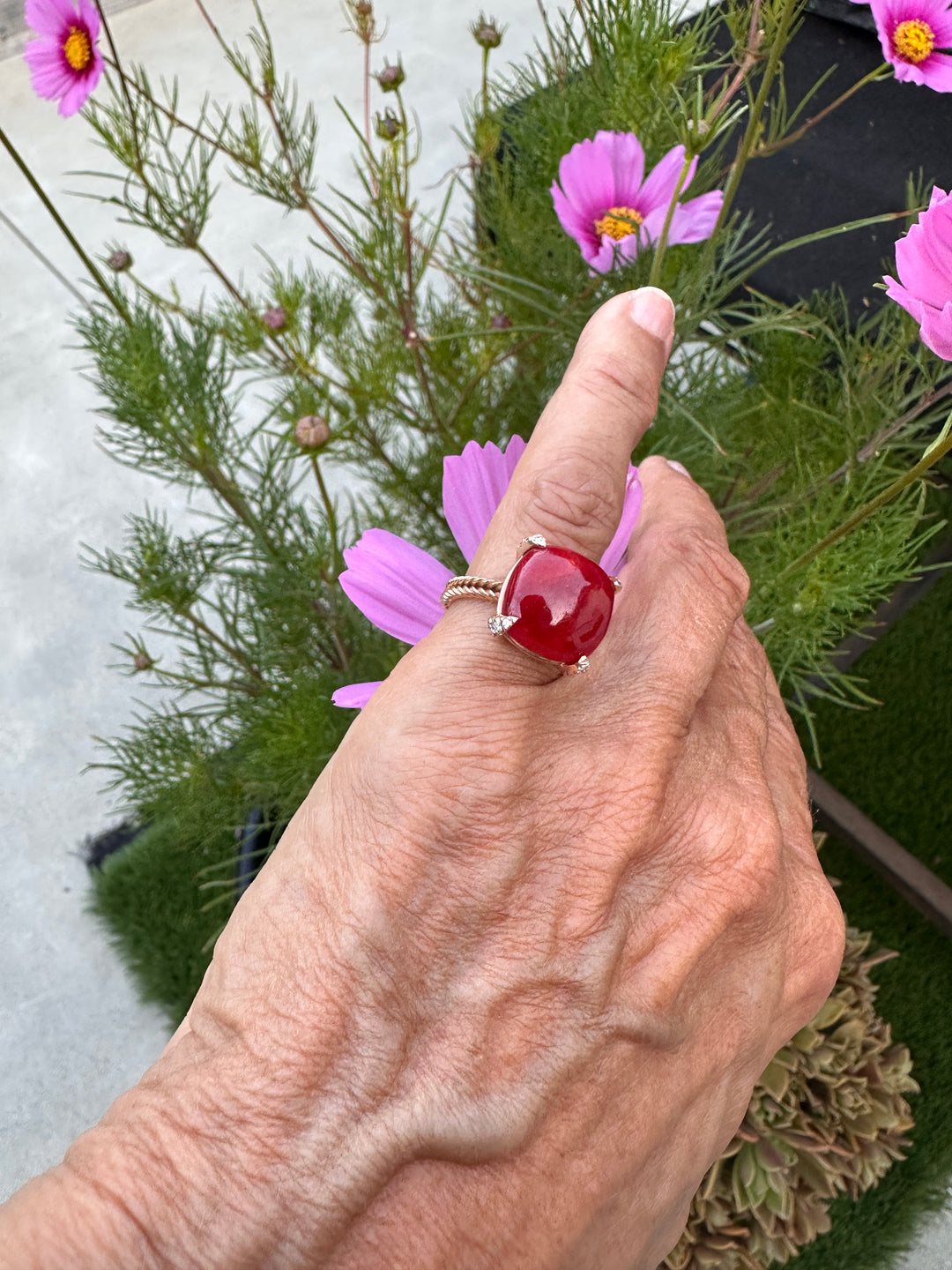 14Kt Red Coral Sugarloaf & Diamond Pink Gold Ring