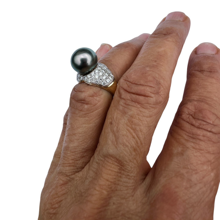 Mid-century, 18 karat Tahitian 12 mm pearl with 1.50 carat diamonds