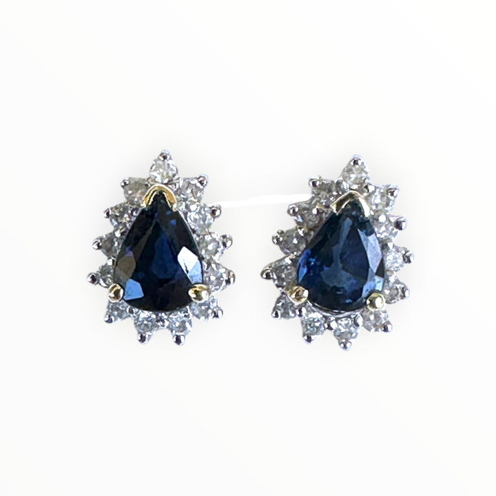 14 Karat .85 Carat Sapphire Pear-Shaped Halo Diamond Stud, Earrings