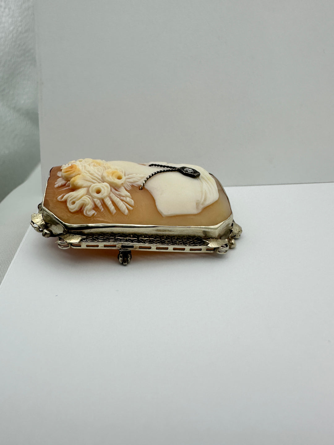 1800's Victorian Cameo with Diamond 14 Karat White Gold brooch pendant