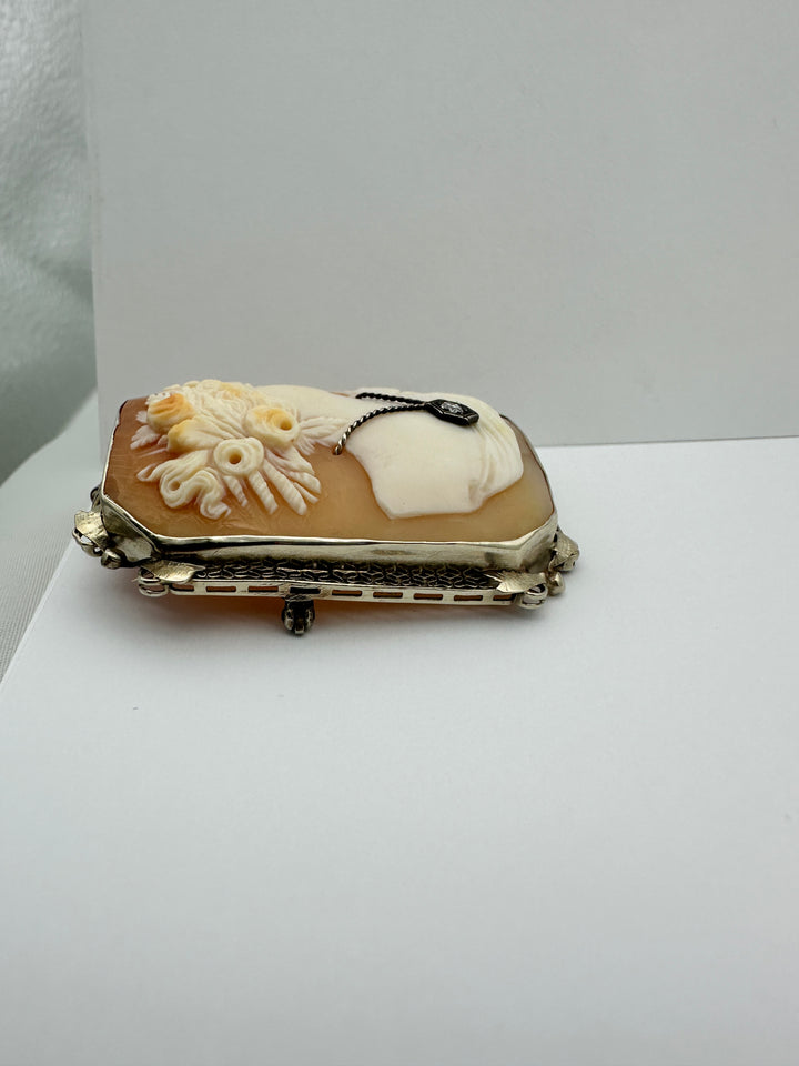 1800's Victorian Cameo with Diamond 14 Karat White Gold brooch pendant